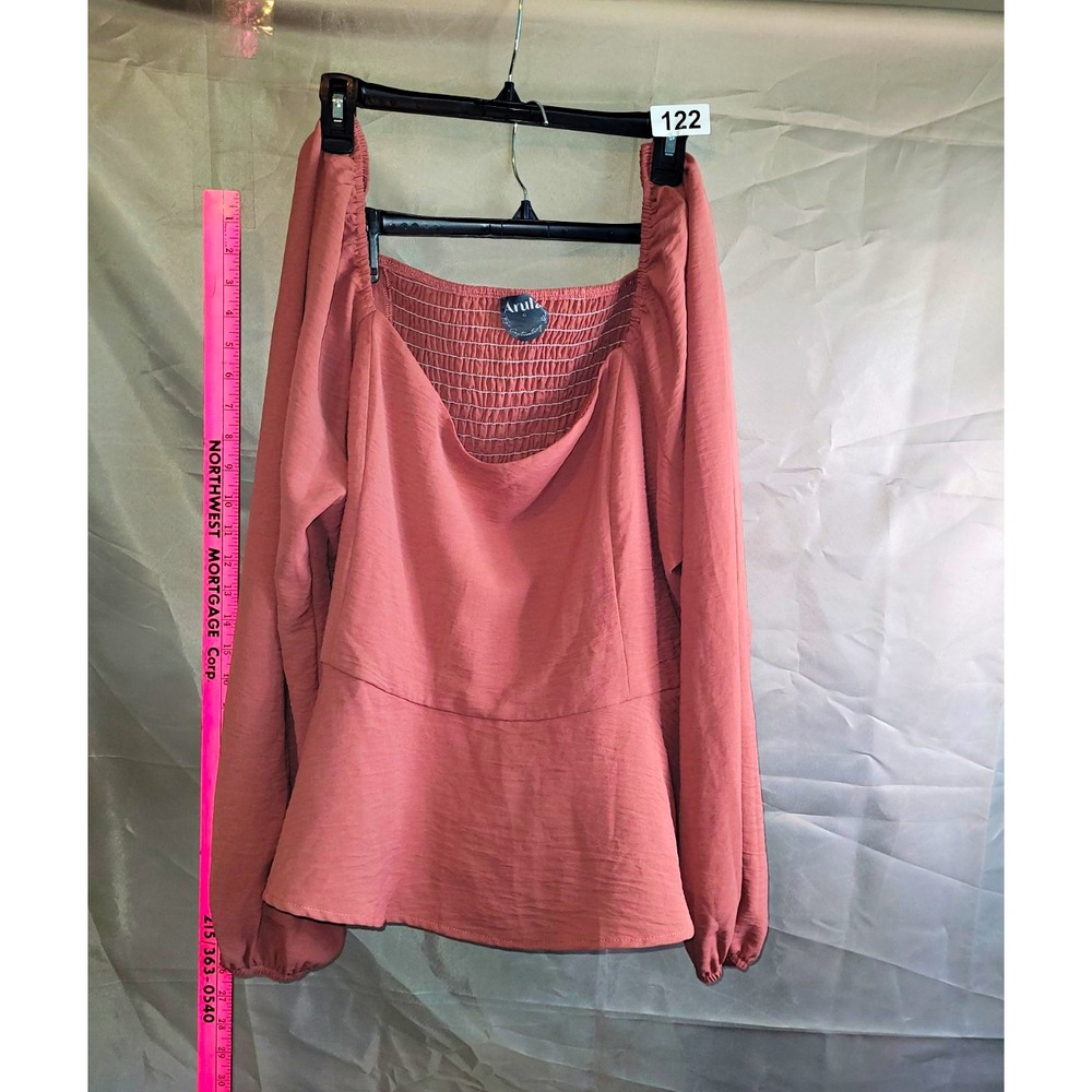 Arula Womens 20 Pink Solid Blouse Scoop Neck Long Sleeve Peplum Smocked
